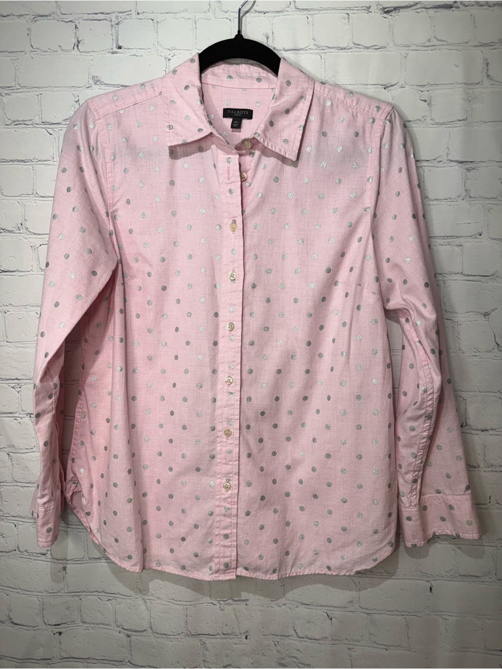 Talbots size MP pink with silver metallic polka dots blouse